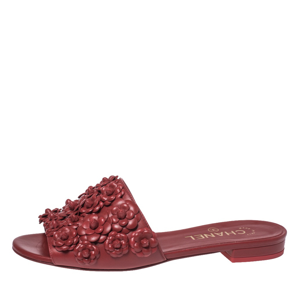 

Chanel Red Leather CC Camellia Flat Slides Size