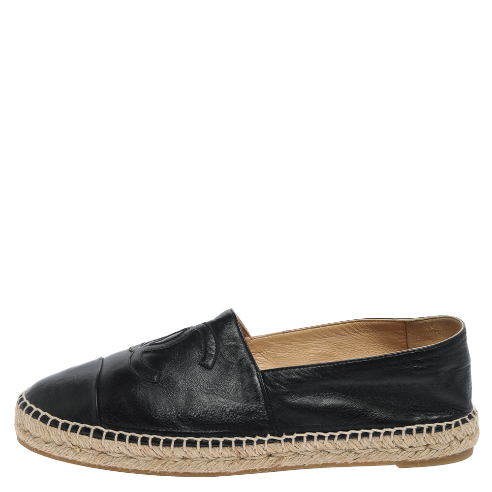 

Chanel Black Leather CC Espadrilles Flats Size