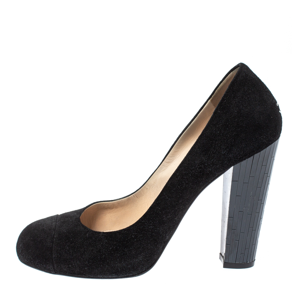 

Chanel Black Suede Cap Toe CC Crystal Heels Pumps Size