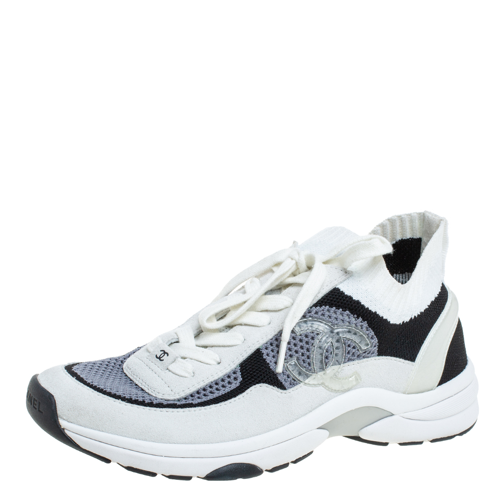 مملوكة مسبقًا Chanel Tri Color Fabric And Suede CC Low Top Sneakers Size 39