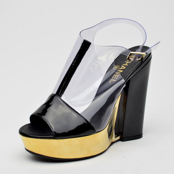 Pre Owned Chanel Transparent Gold and Black Patent Platform Sandals Size 38