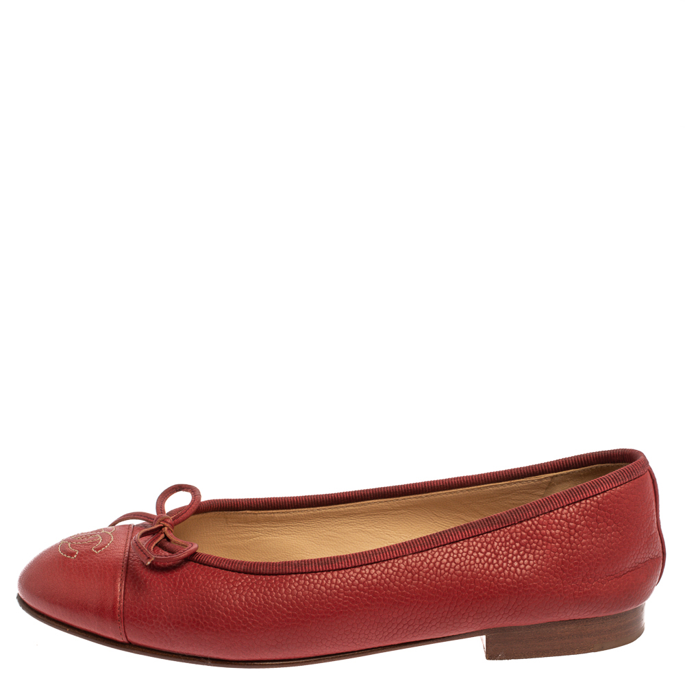 

Chanel Red Leather CC Cap Toe Bow Ballet Flats Size