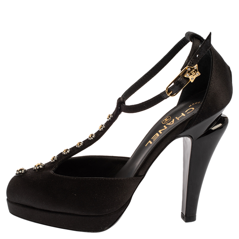 

Chanel Black Satin Crystal Embellished T-Strap CC Platform Pumps Size