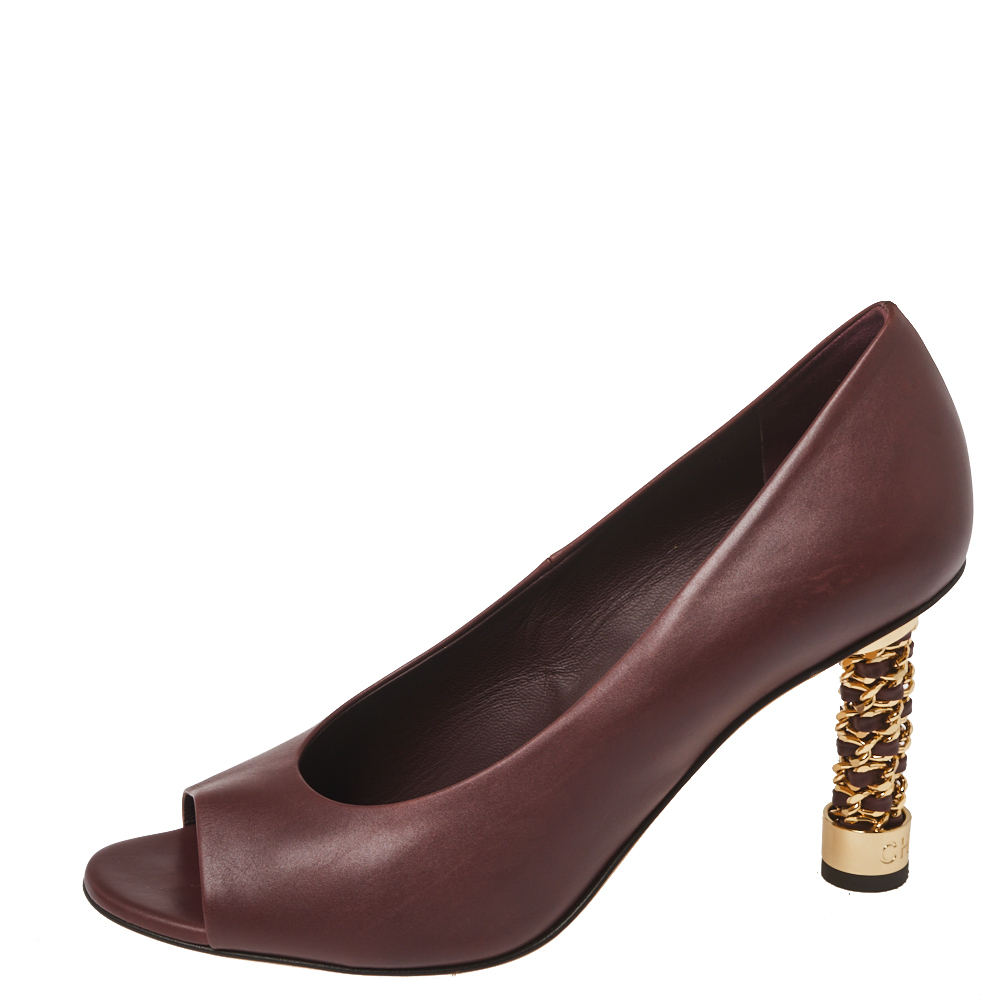 

Chanel Burgundy Leather Chain Embellished Heel Peep Toe Pumps Size