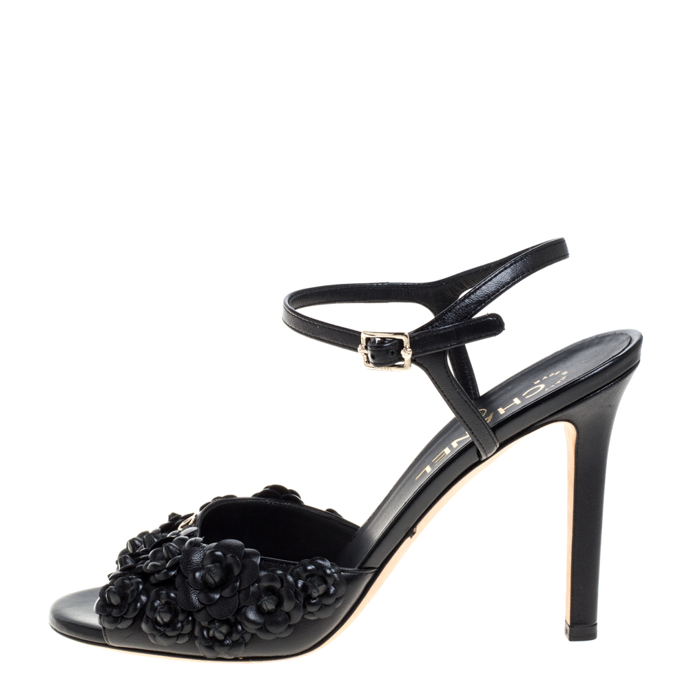 

Chanel Black Leather Camellia Applique Ankle Strap Sandals Size 39C