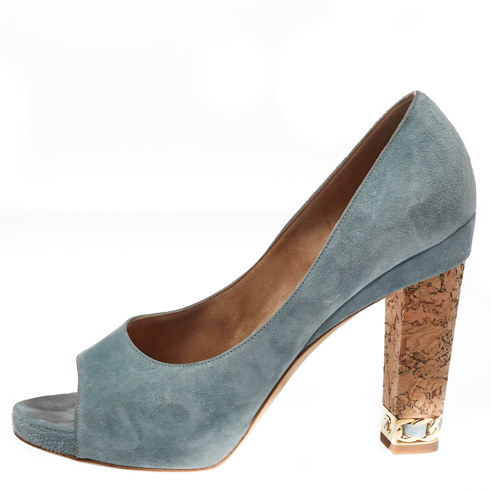 

Chanel Light Blue Suede Cork Heel Open Toe Pumps Size