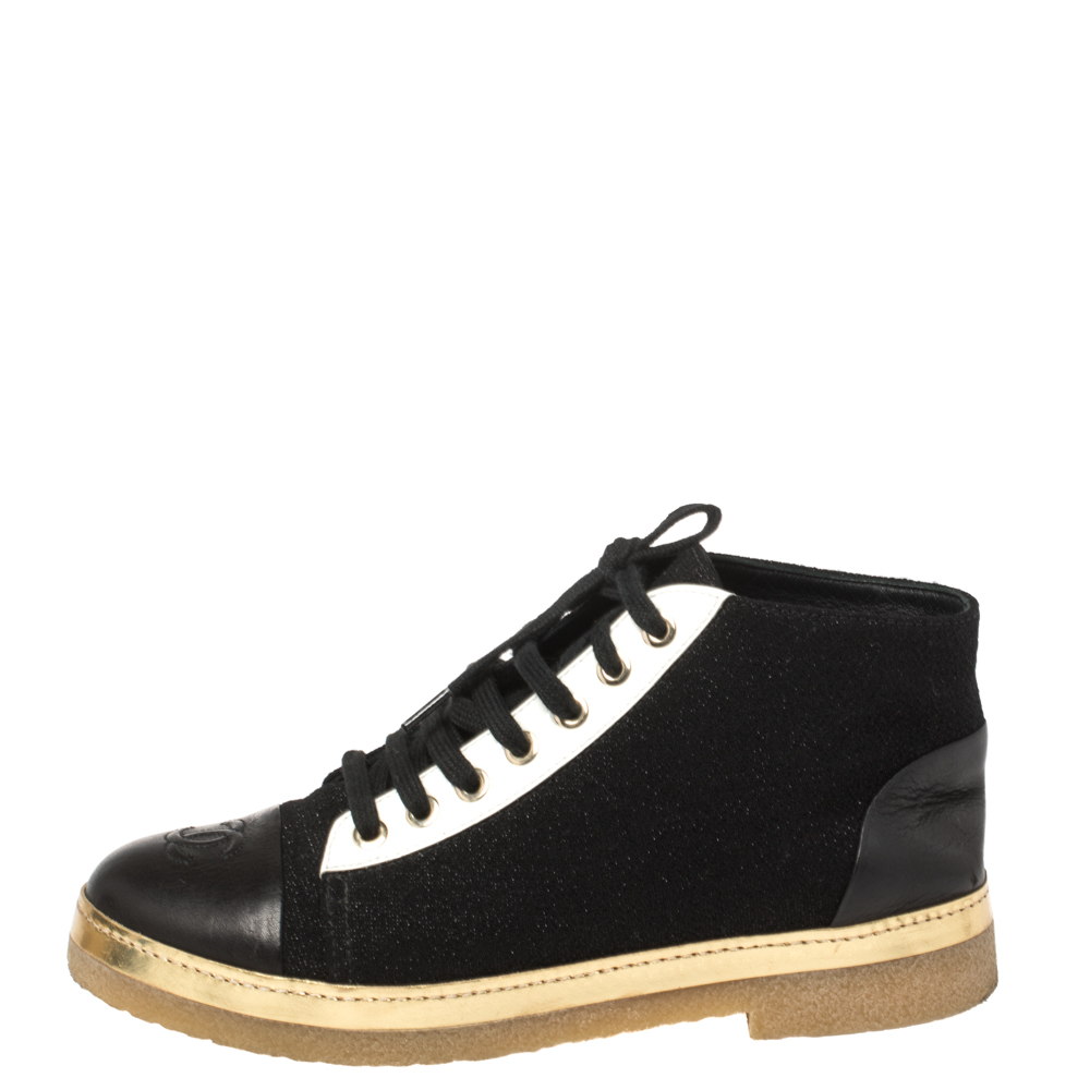 

Chanel Black/Gold Lurex And Leather CC Cap Toe Ankle Boots Size