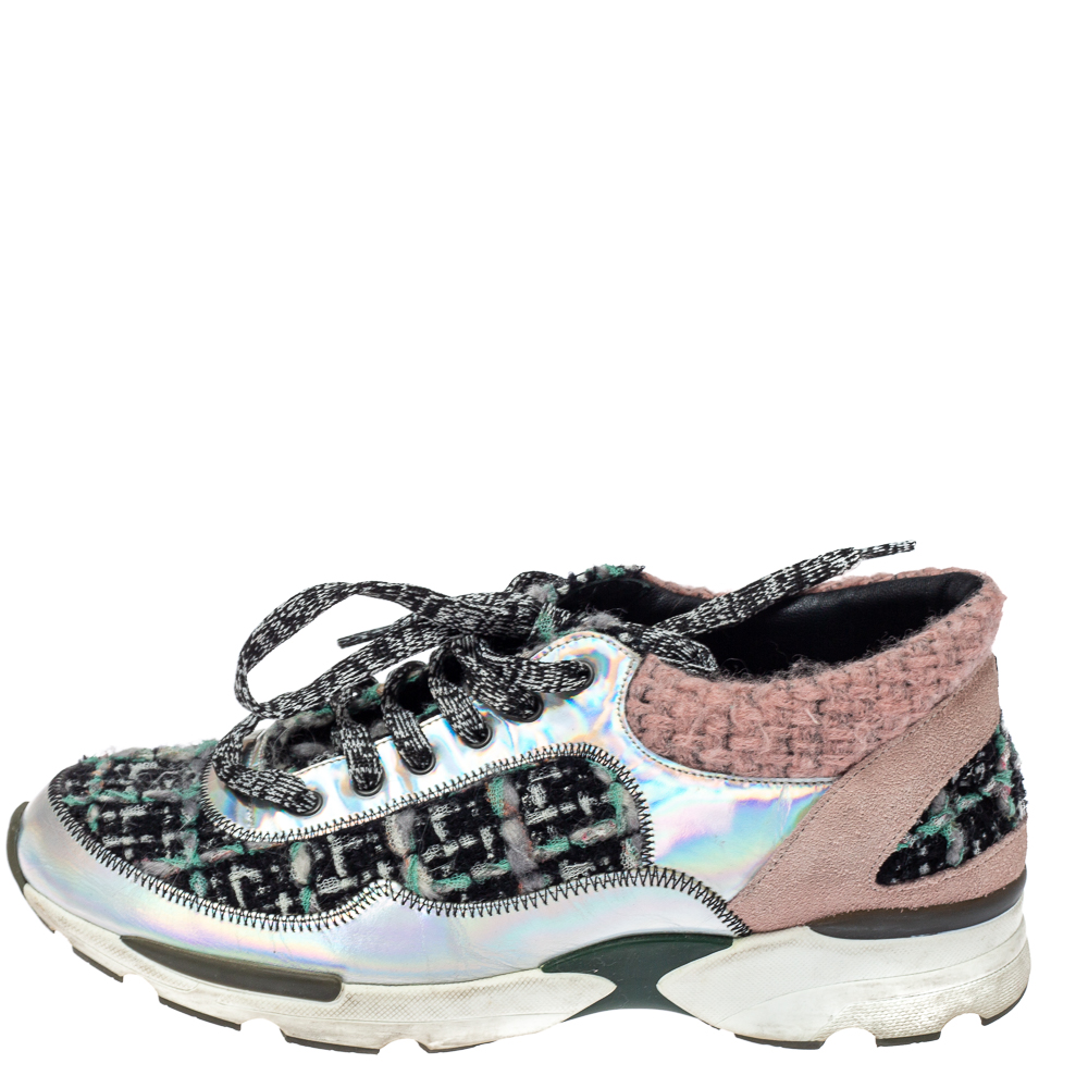 

Chanel Black/Pink Tweed and Metallic Leather Lace Up Sneakers Size