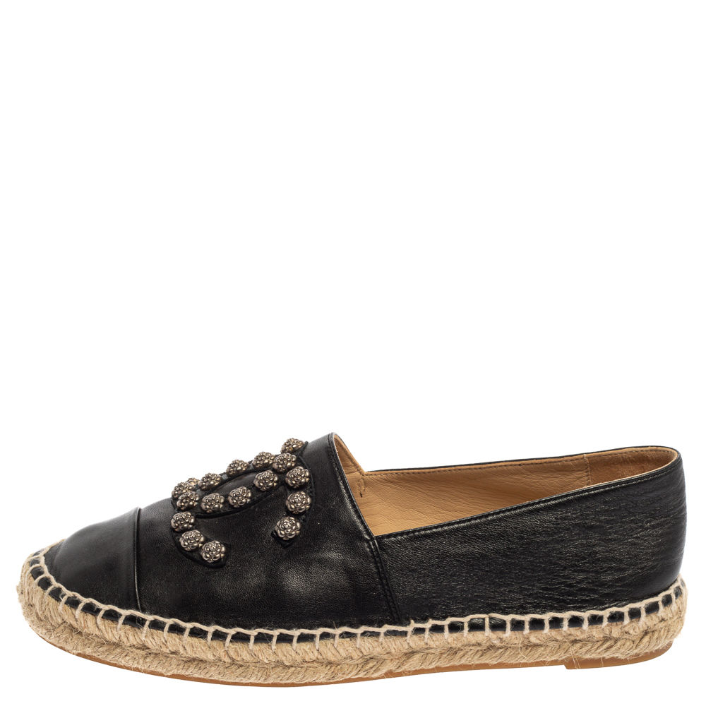 

Chanel Black Leather CC Camelia Stud Cap Toe Flat Espadrilles Size