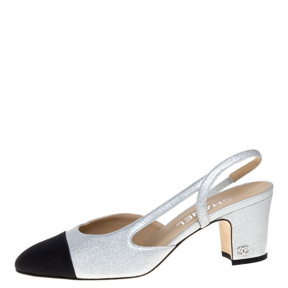 

Chanel Silver/Black Leather And Fabric Cap Toe Slingback Sandals Size