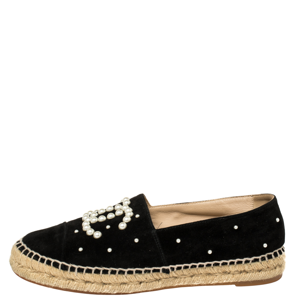 

Chanel Black Suede Leather And Faux Pearl CC Espadrille Flats Size