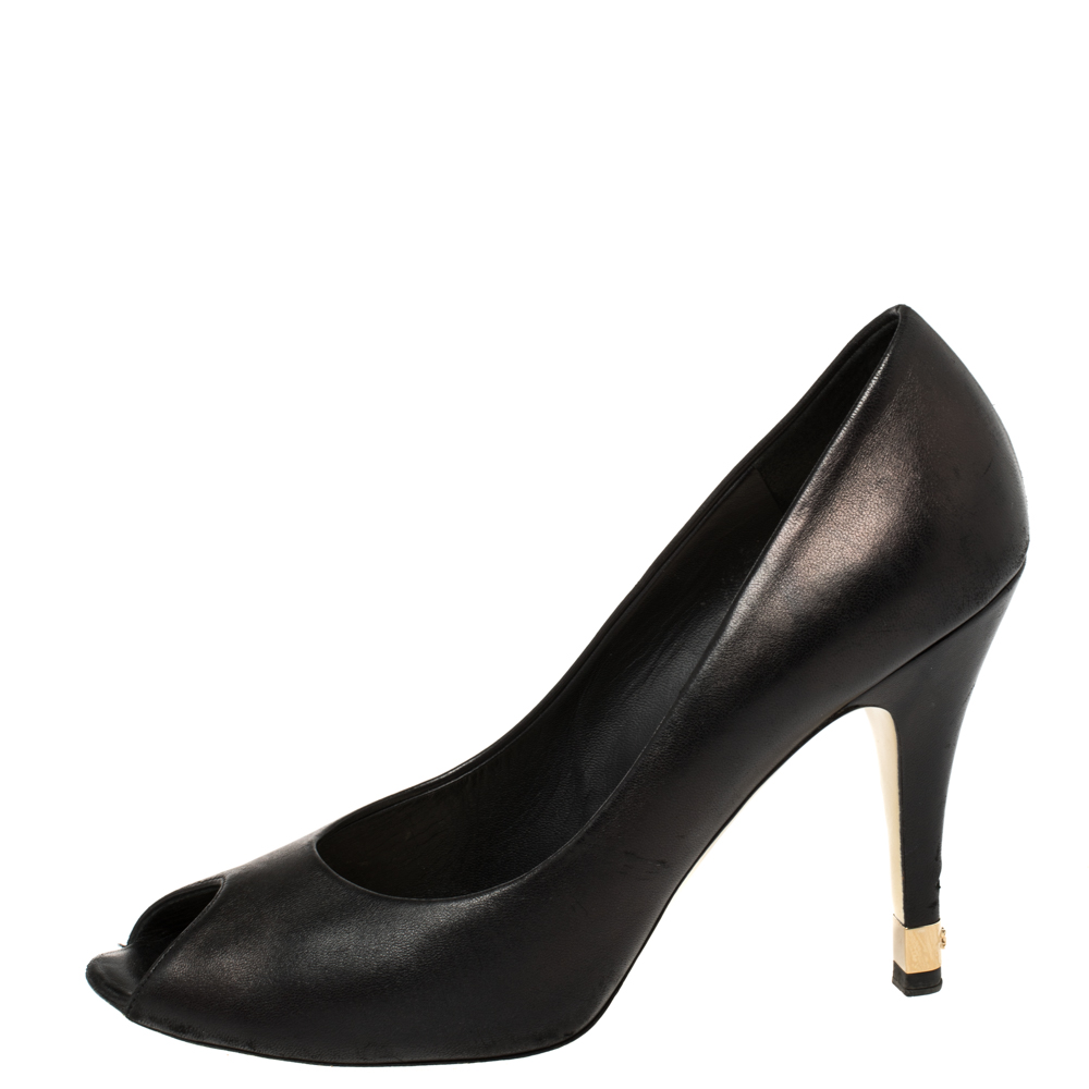 

Chanel Black Leather CC Heel Peep Toe Pumps Size