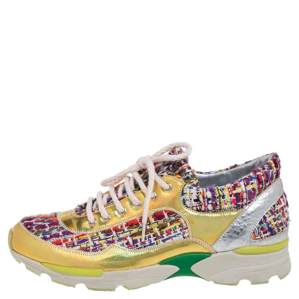 

Chanel Multicolor Tweed Fabric And Holographic Leather CC Sneakers Size