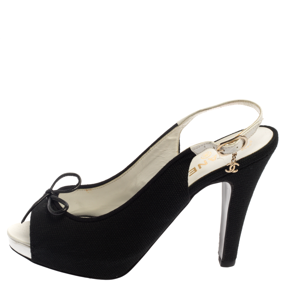 

Chanel Black Canvas Bow Slingback Platform Sandals Size