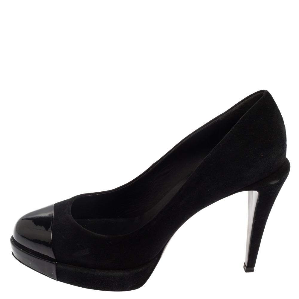 

Chanel Black Suede and Patent Leather Cap Toe CC Pumps Size
