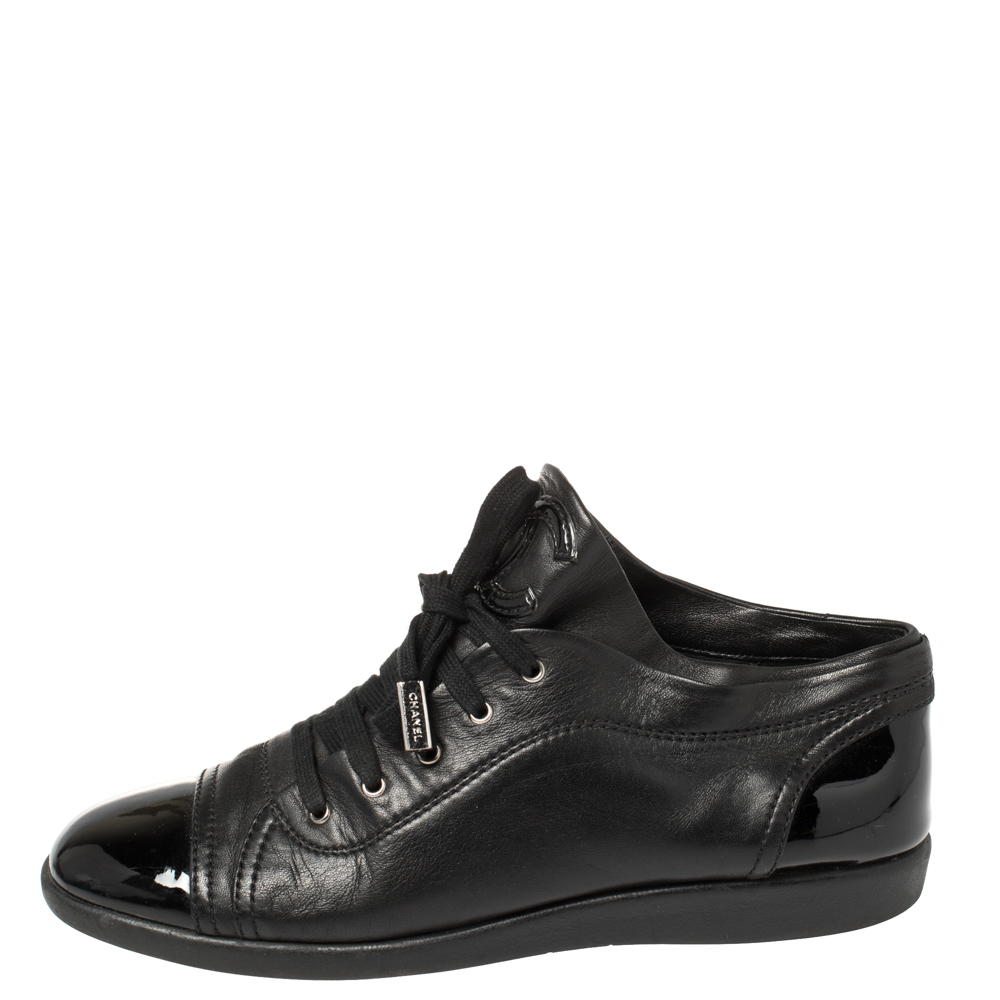 

Chanel Black Leather and Patent Leather Cap Toe CC Sneakers Size