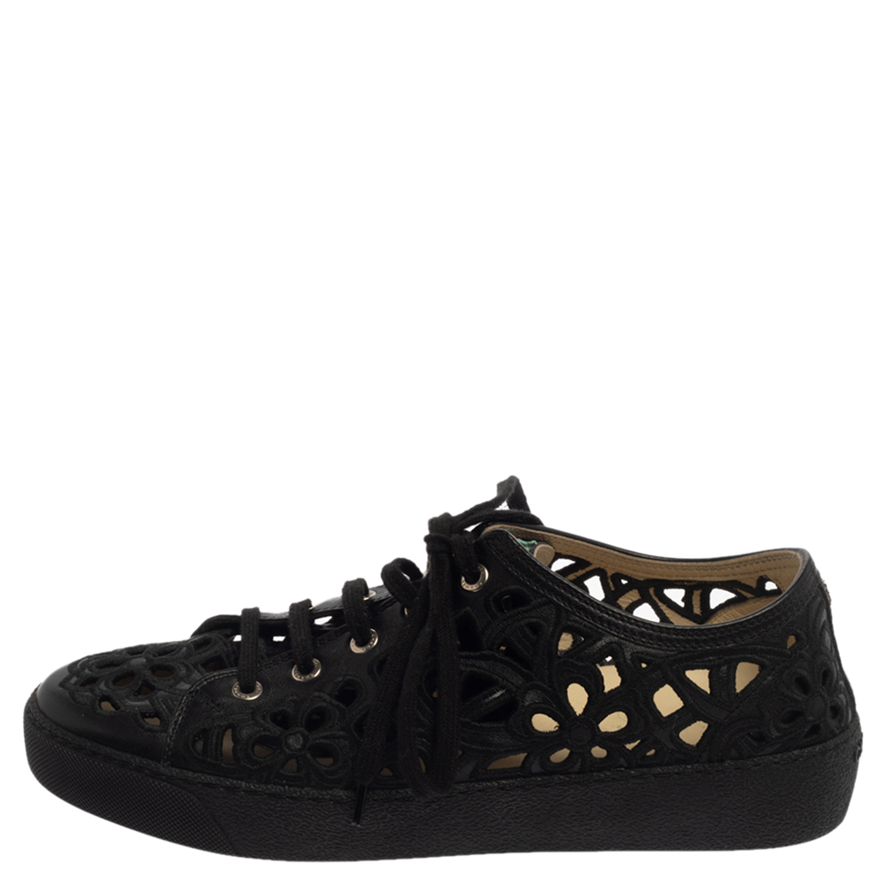 

Chanel Black Floral Cutout Leather CC Low Top Sneakers Size