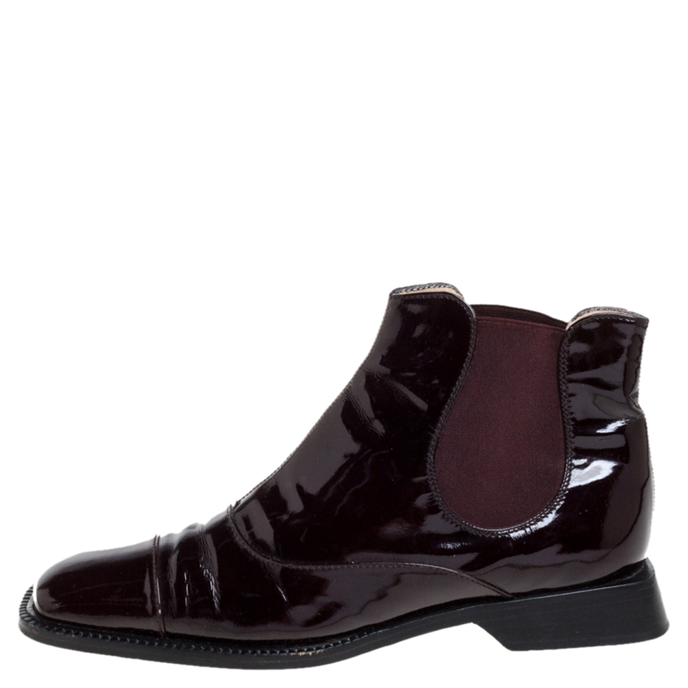 

Chanel Burgundy Patent Leather Elastic Ankle Boots Size