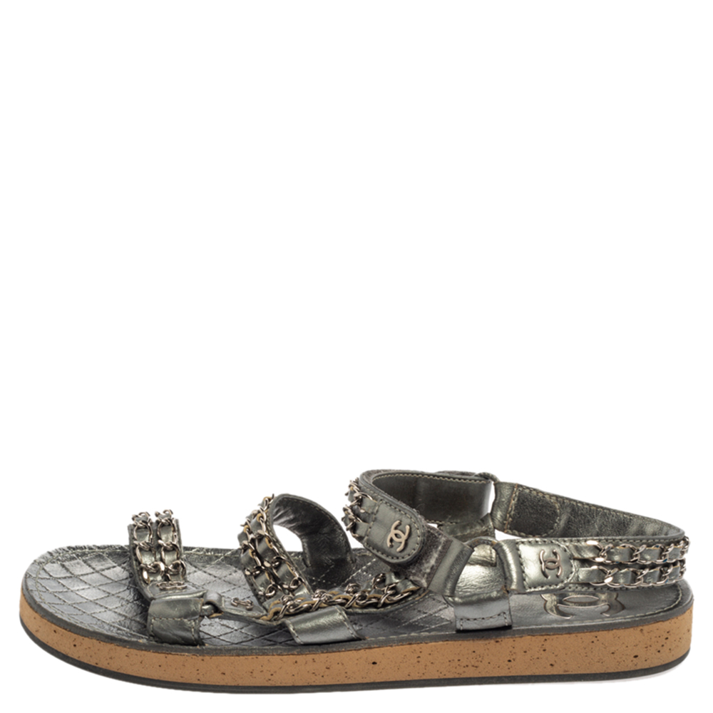 

Chanel Metallic Silver Leather Chain Embellished Ankle Strap Flat Sandals Size