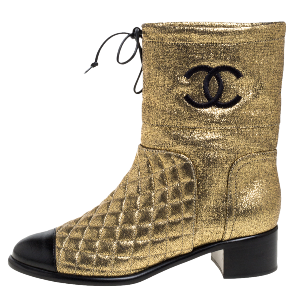

Chanel Gold Leather Quilted CC Logo Ankle Boots Size