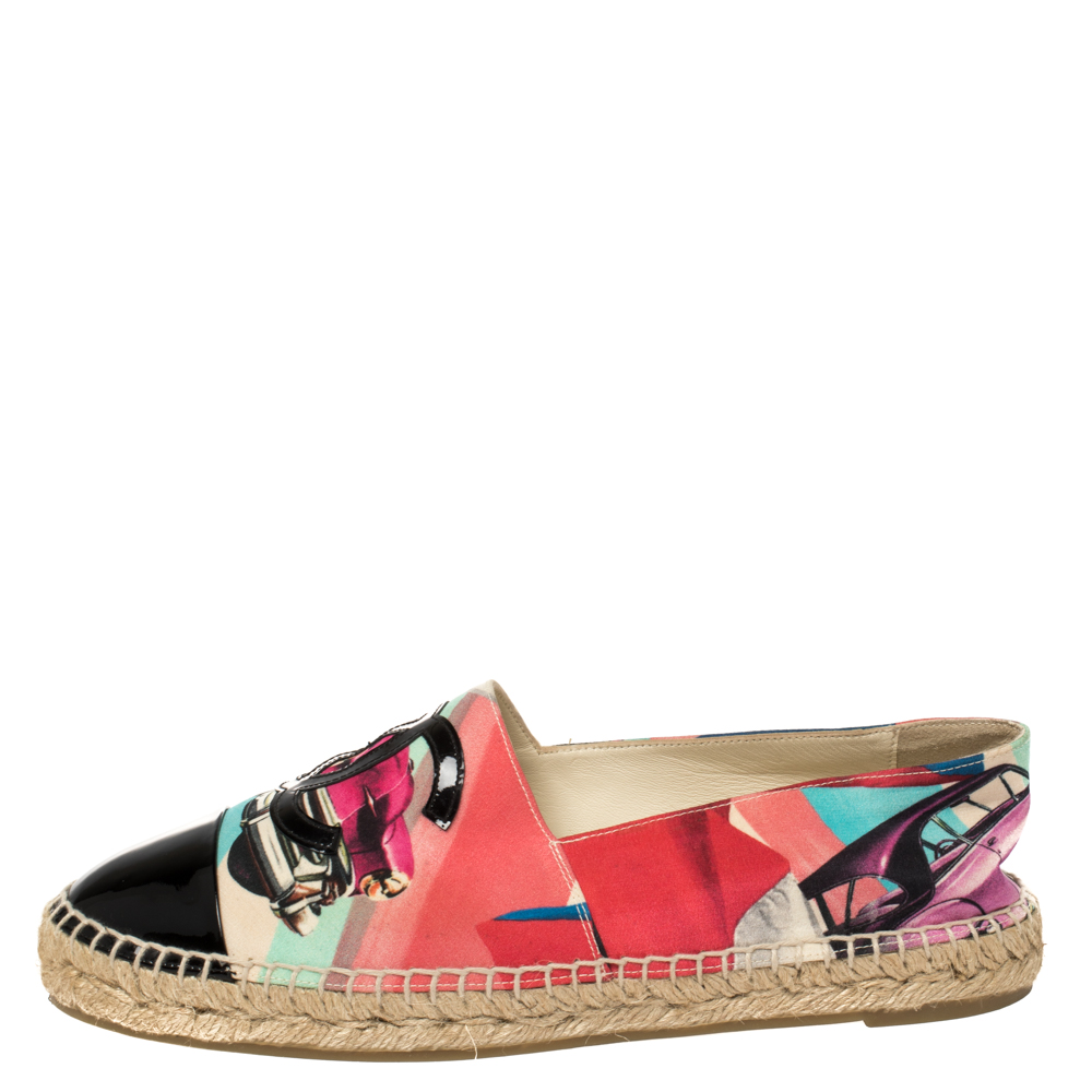 

Chanel Multicolor Car Printed Fabric And Patent Leather CC Cap Toe Espadrilles Size