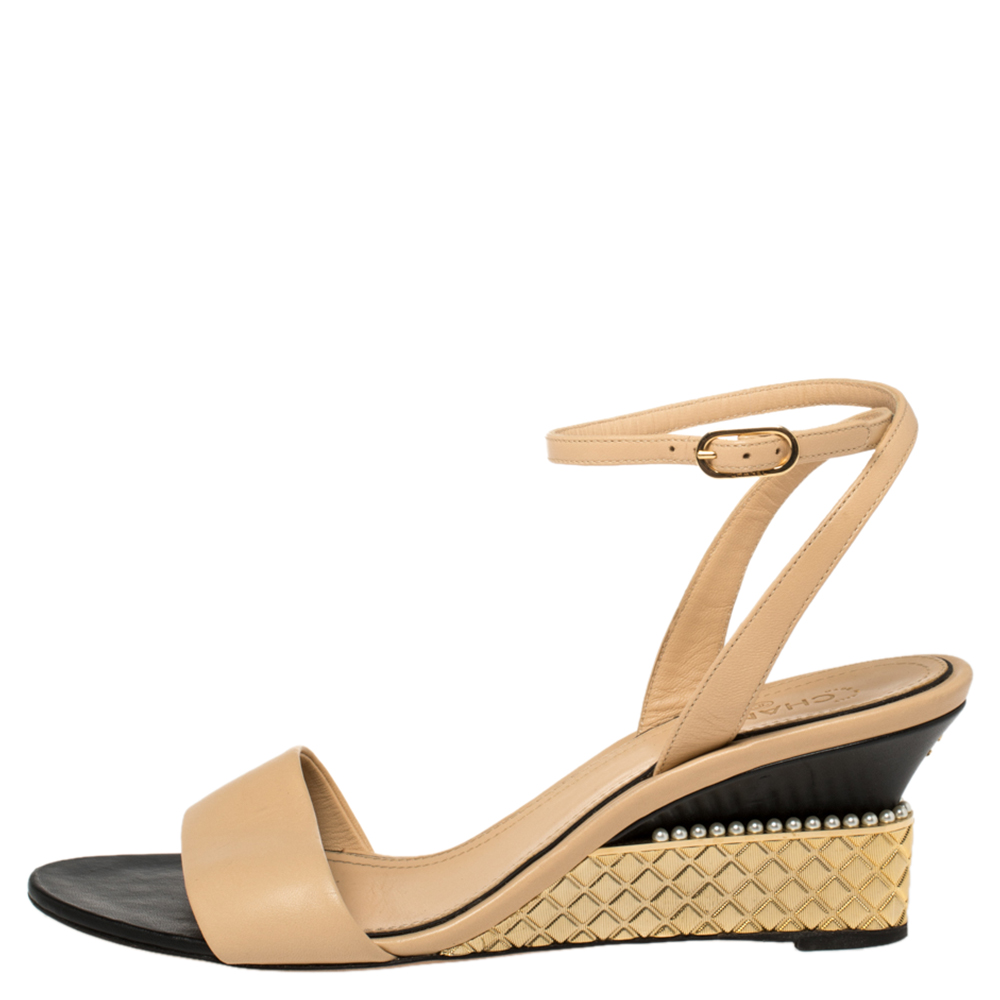 

Chanel Beige Leather CC Pearl Embellished Ankle Wrap Sandals Size