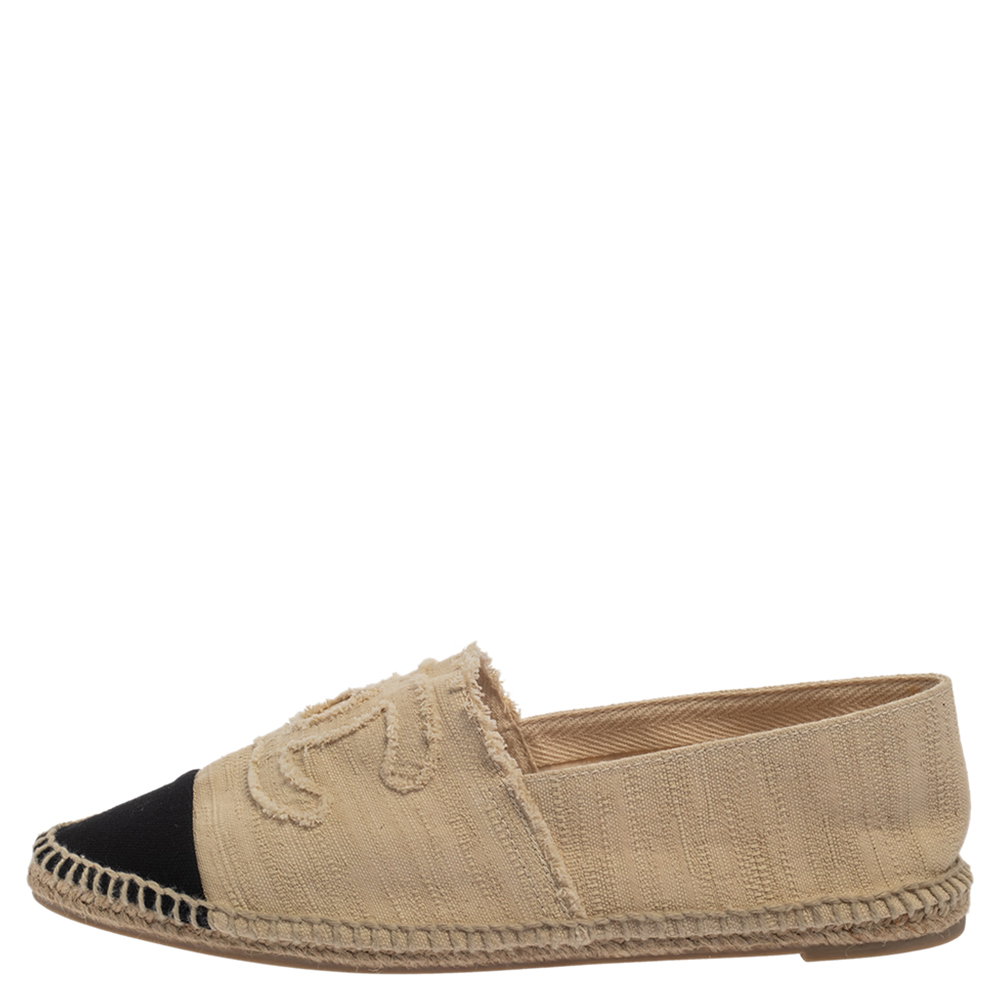 

Chanel Beige/Black Canvas CC Cap Toe Espadrille Flats Size