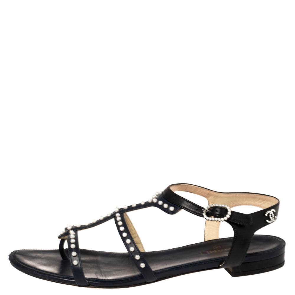 

Chanel Blue/Black Leather Pearl Embellished Ankle Strap Flats Size