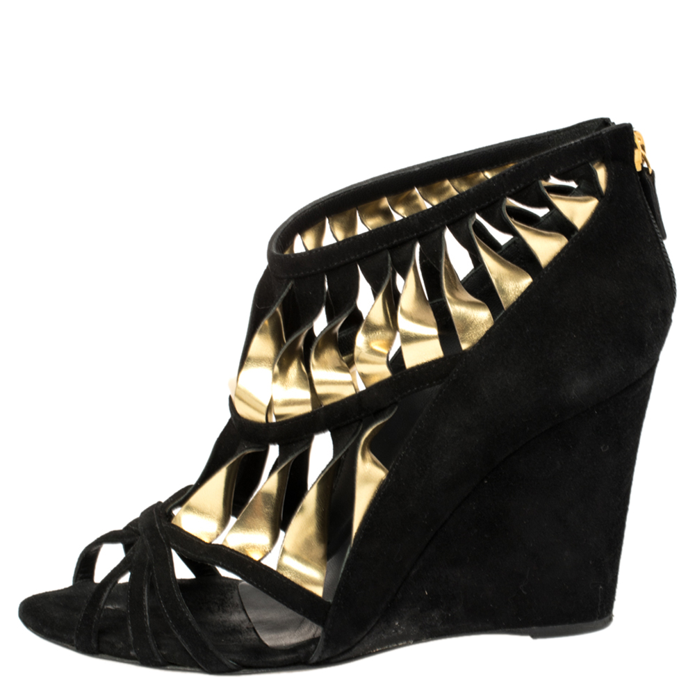 

Chanel Black/Gold Suede Leather CC Strappy Wedge Sandals Size