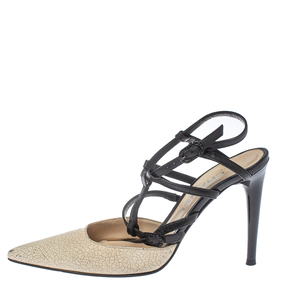 

Chanel Beige/Black Leather Cage Ankle Strap Sandals Size