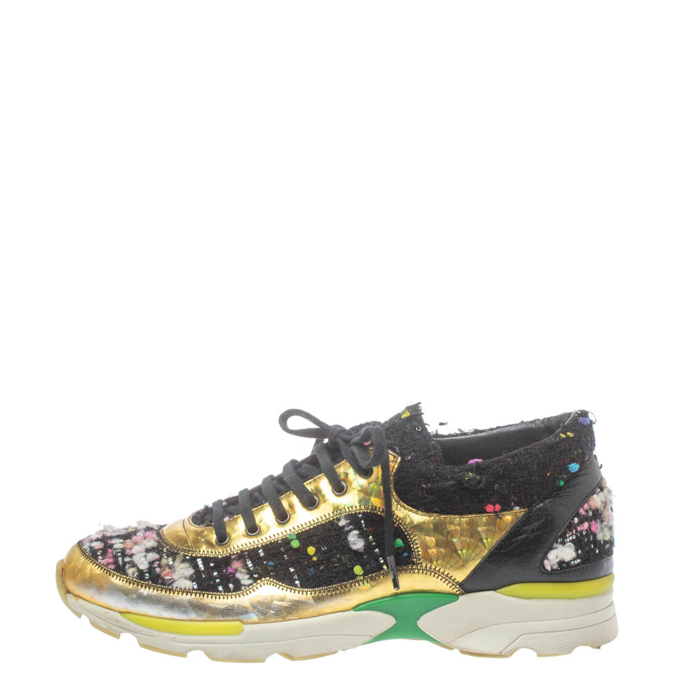 

Chanel Multicolor Tweed and Metallic Leather Lace Up Sneakers Size