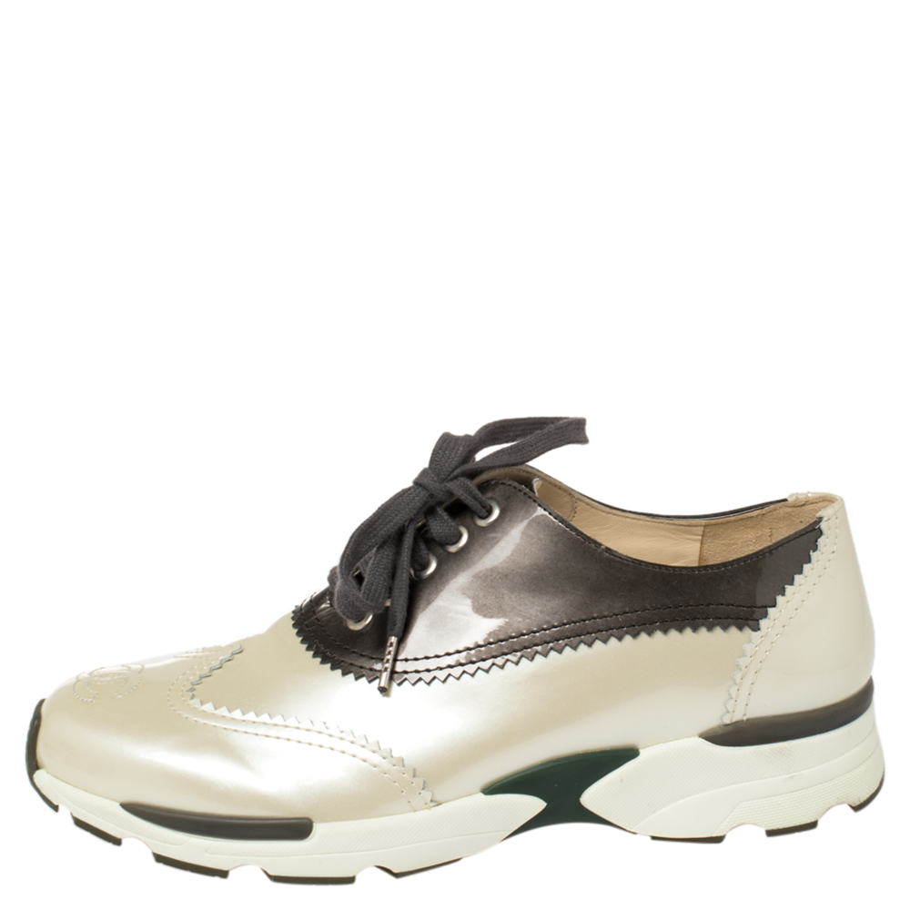 

Chanel Cream/Grey Patent Leather CC Oxford Sneakers Size