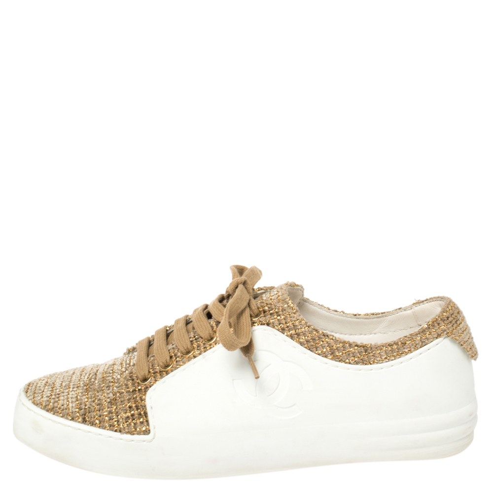 

Chanel White Leather/Tweed CC Low Top Sneakers Size