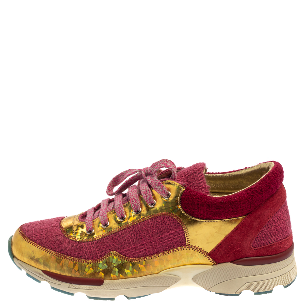 

Chanel Pink/Gold Tweed and Patent Leather CC Sneakers Size
