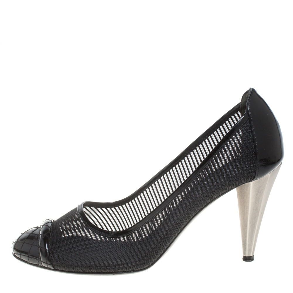 

Chanel Black Patent Leather And Mesh CC Cap Toe Pumps Size