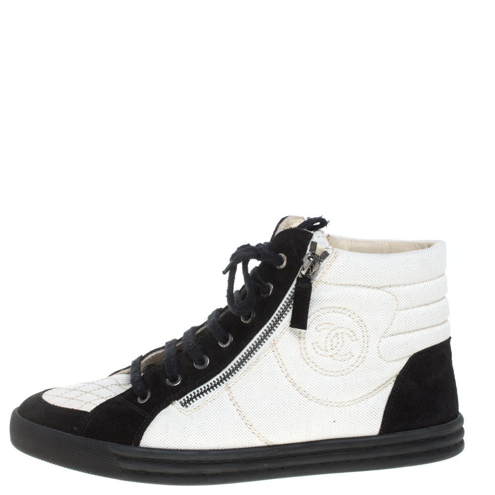 

Chanel White/Black Suede And Canvas CC High Top Sneakers Size