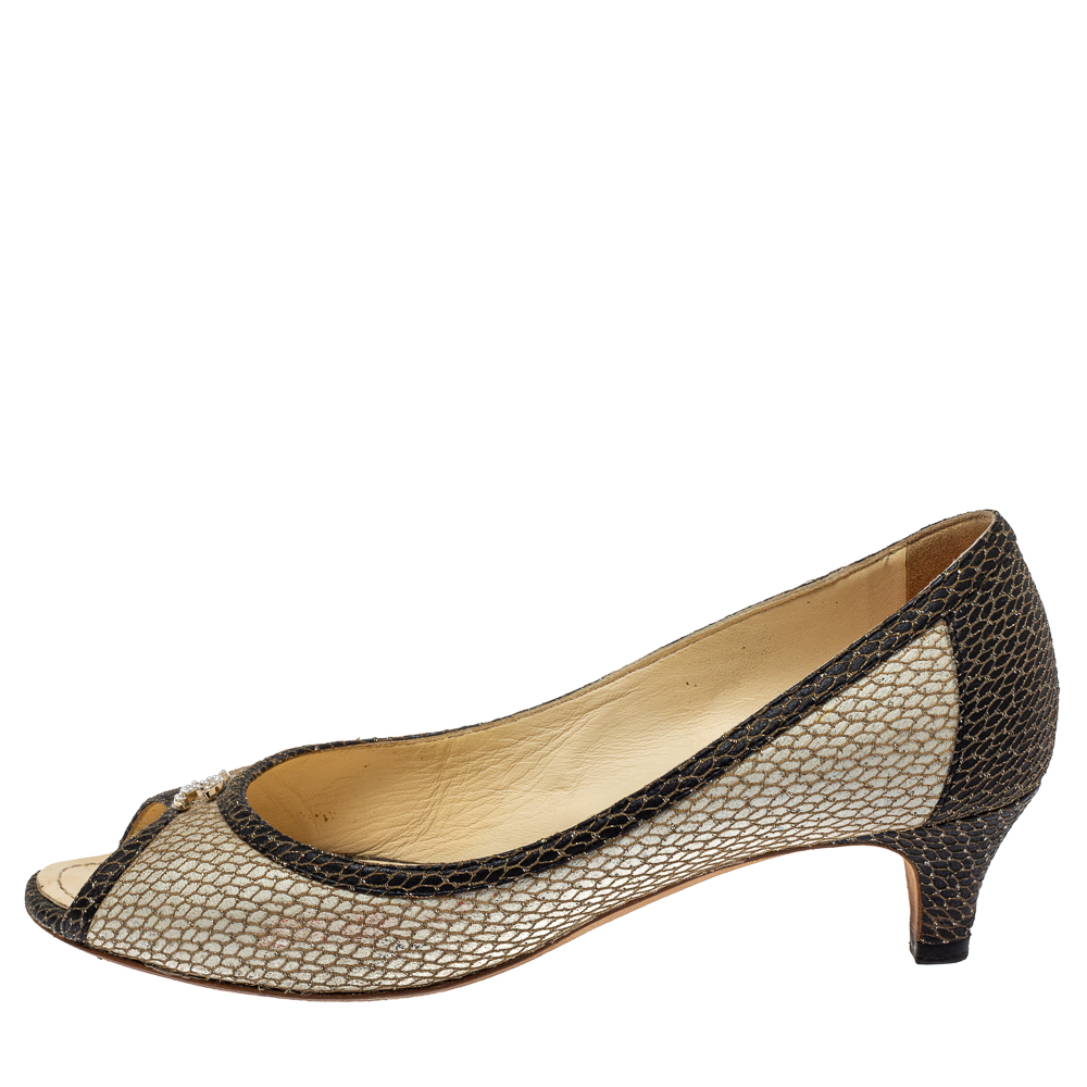 

Chanel Two Tone Textured Leather Open Toe CC Pumps Size, Beige