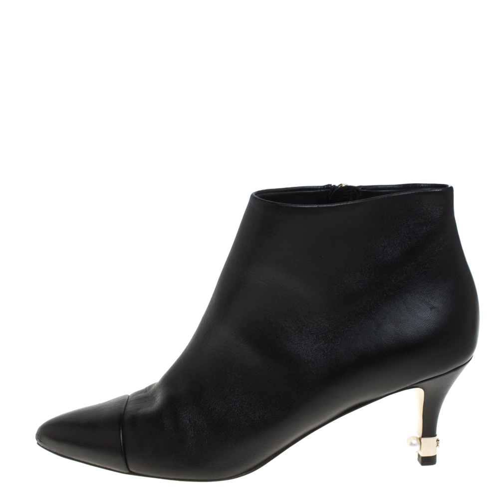 

Chanel Black Leather Cap Toe Pearl Embellished CC Heel Ankle Boots Size