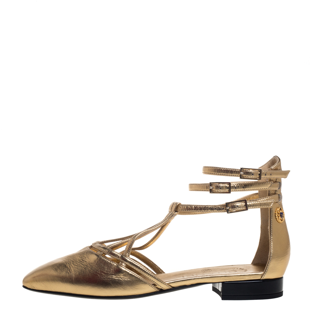 

Chanel Gold Leather Cutout Ankle Strap Flats Size