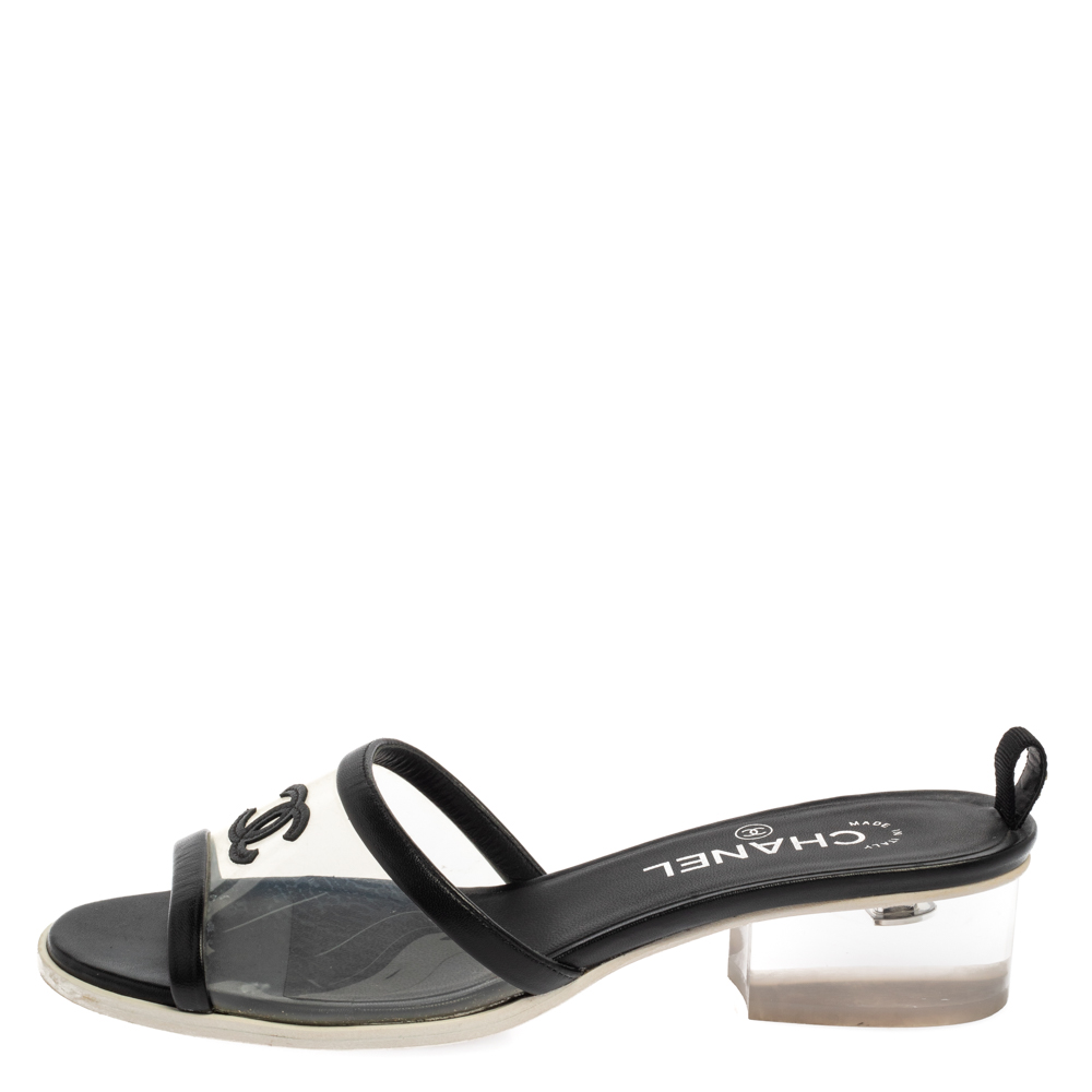 

Chanel Black PVC And Leather CC Flat Slides Size