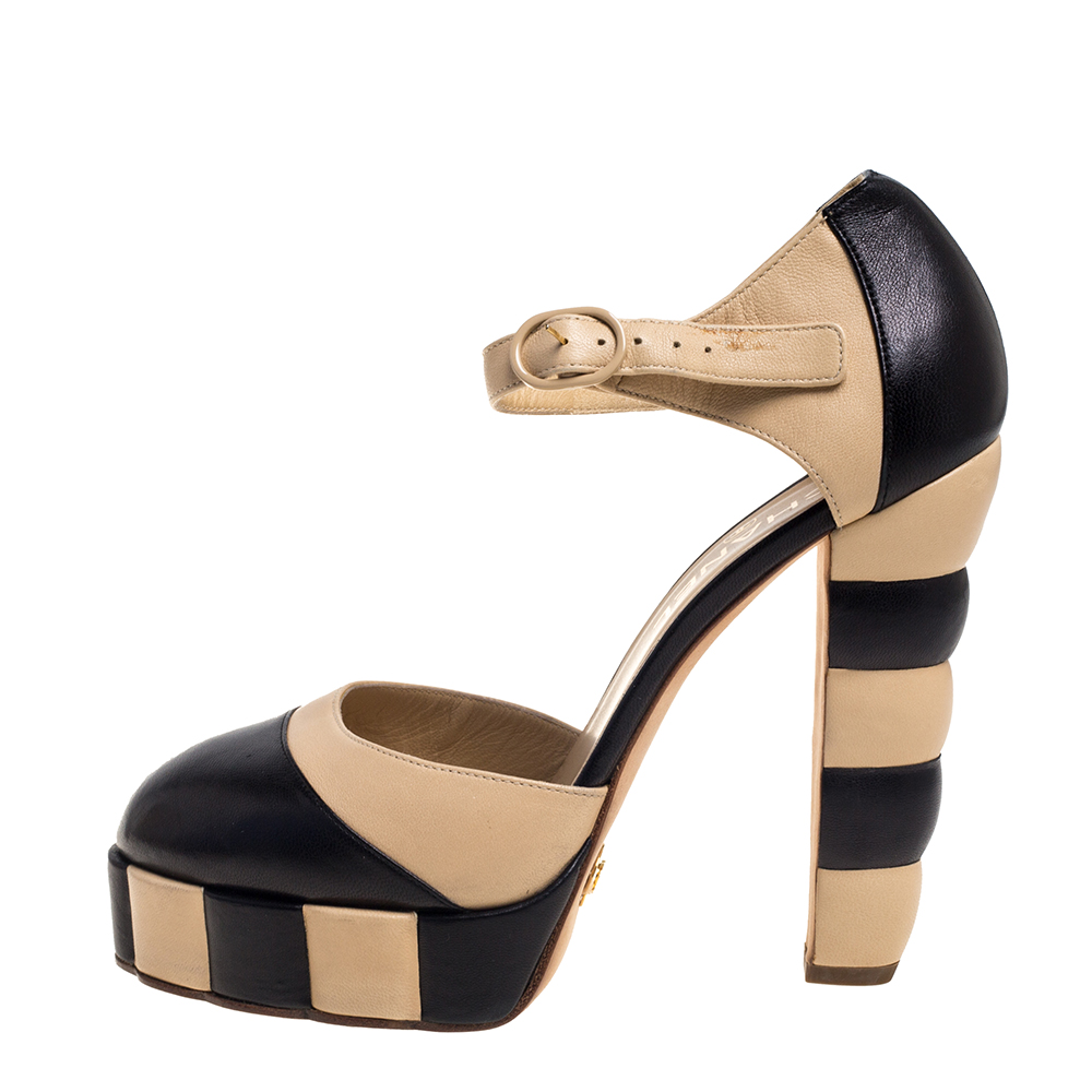 

Chanel Black/Beige Leather D'orsay Platform Pumps Size