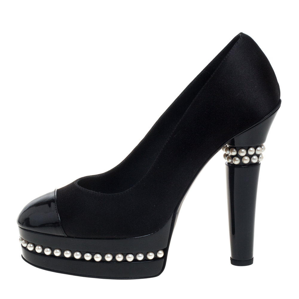 

Chanel Black Satin And Patent Leather Cap Toe Pearl Platform Pumps Size