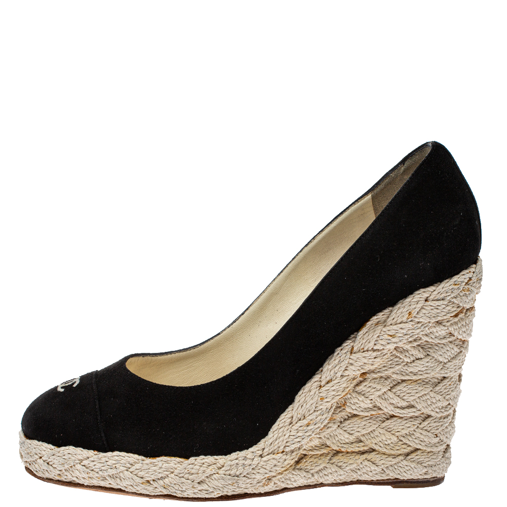 

Chanel Black Suede CC Cap Toe Wedge Espadrille Pumps Size