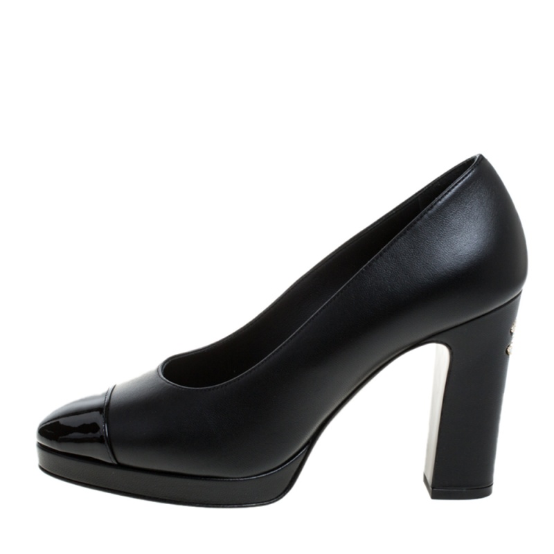 

Chanel Black Leather CC Cap Toe Block Heel Pumps Size
