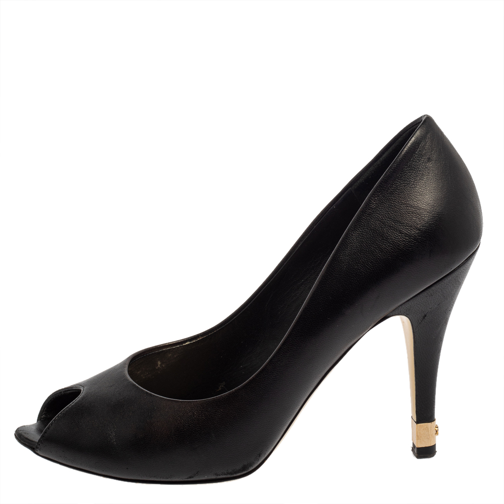 

Chanel Black Leather CC Heel Peep Toe Pumps Size