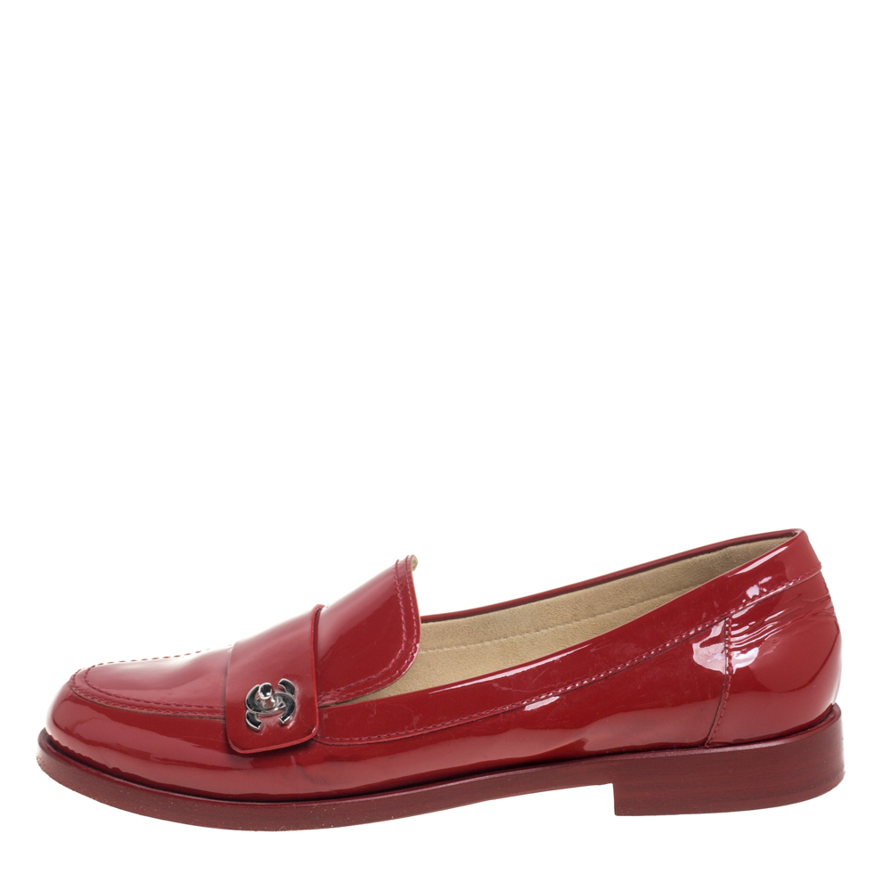 

Chanel Red Patent Leather CC Logo Slip On Loafers Size