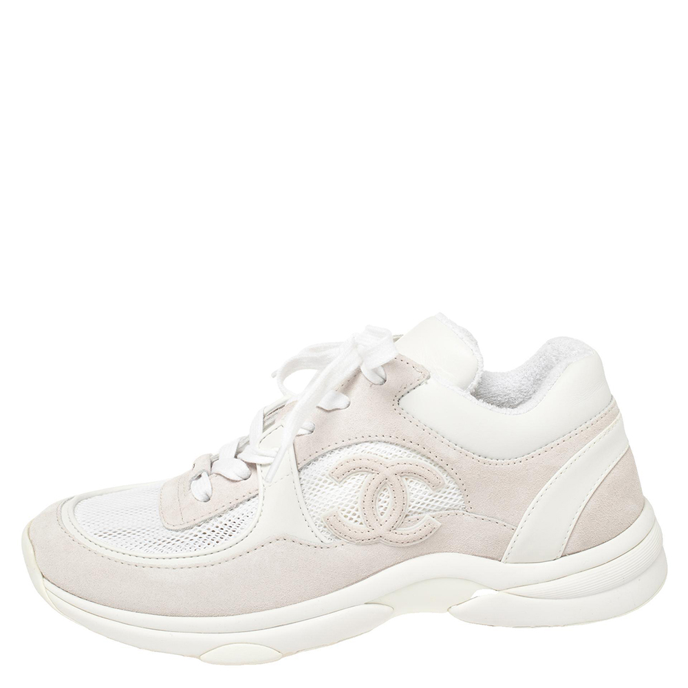 

Chanel White Mesh And Leather CC Lace Up Sneakers Size