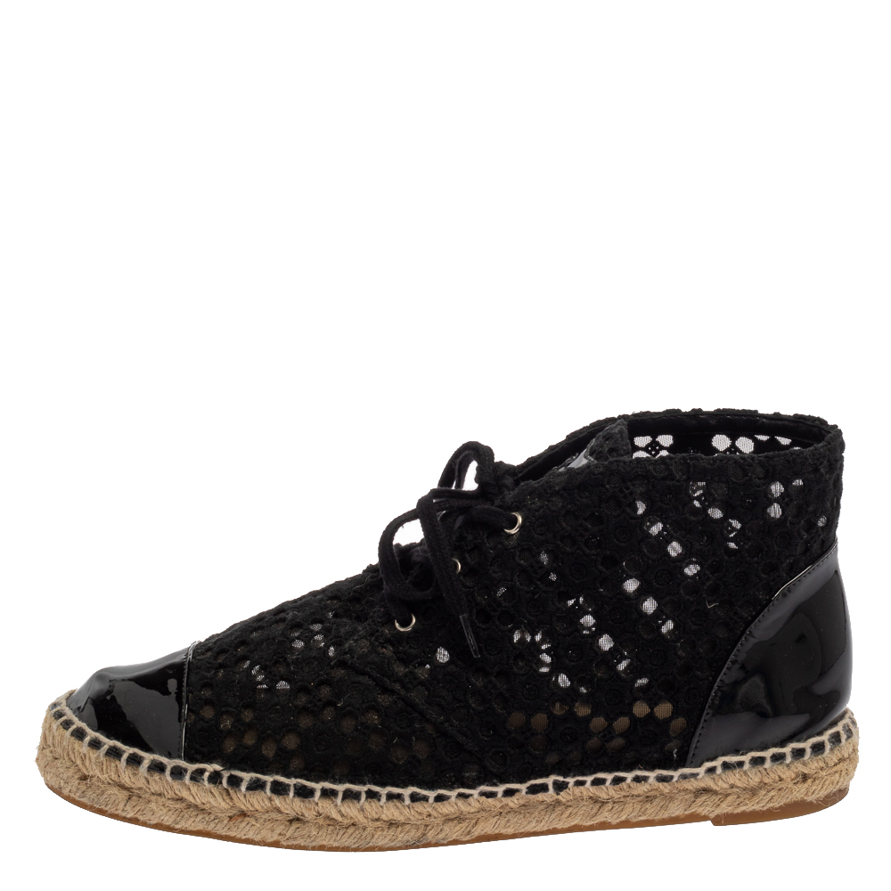 

Chanel Black Lace And Patent Leather Cap Toe High Top Espadrille Sneakers Size