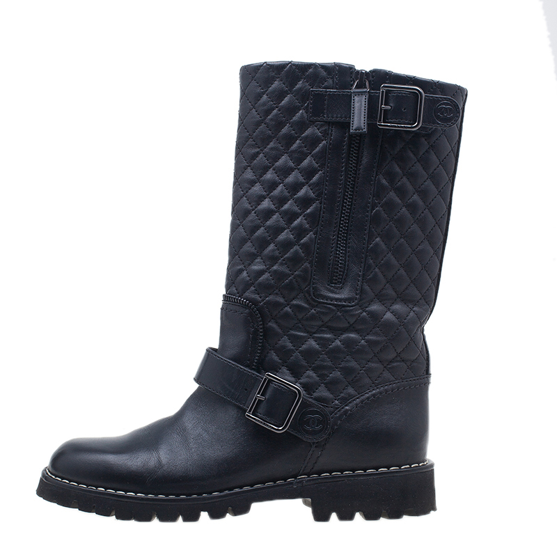 

Chanel Black Quilted Leather Double Buckle Flat Boots Size