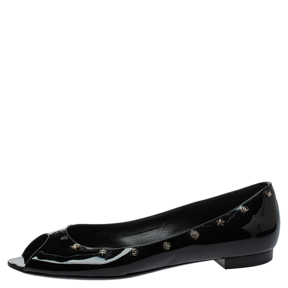 

Chanel Black Patent Leather Charm Peep Toe Ballet Flats Size